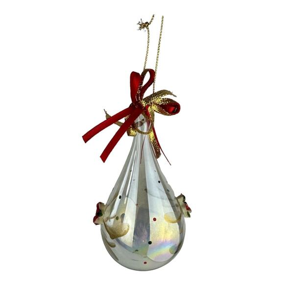Handblown Glass Teardrop Christmas Ornament Gold & Red Ribbon Rose Embellishment - Picture 3 of 8